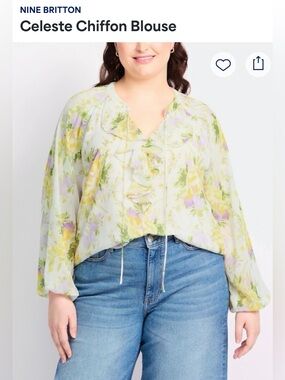 Nine Britton Floral Ruffle V-Neck Blouse Cream Yellow Lavender Size 3X